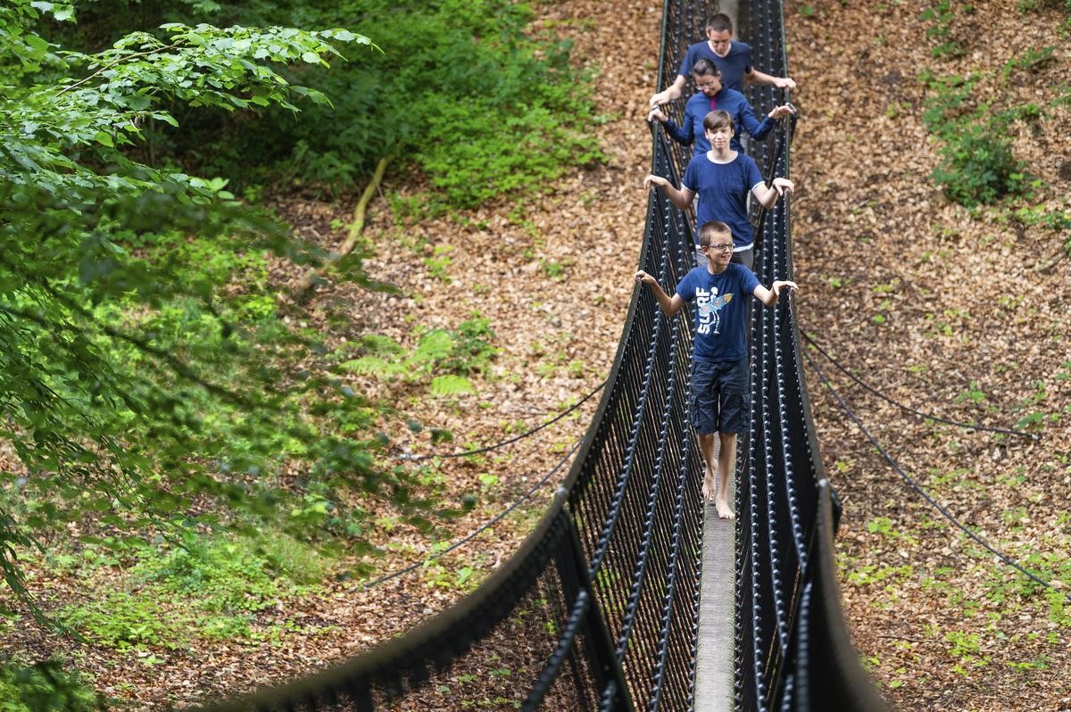 Felix, Niklas, Kathleen und Alexander Wiede aus Berlin gehen im Barfußpark über eine Hängebrücke. In der Pandemie nutzen vielen Menschen die unterschiedlichen Angebote in der Natur.
