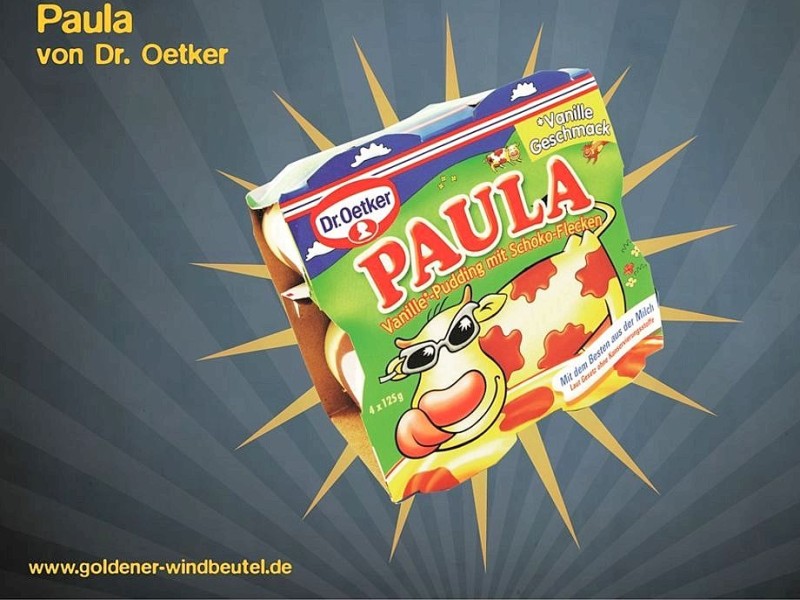 Platz 2: Dr. Oetkers Paula-Pudding. “Digitalen Kinderfang” wirft Foodwatch dem Hersteller vor, weil der mit umfassendem Material von Klingeltönen über eine iPhone-App bis hin zu Online-Spielen auf Kinder zugeht. Bei der Online-„Flecken-Jagd“ etwa gibt es Punkte für jeden eingesammelten Paula-Pudding – dabei würden Kinder bereits doppelt so viele Süßigkeiten verzehren wie von Ernährungsexperten empfohlen. Voting-Ergebnis: 21,9 Prozent.