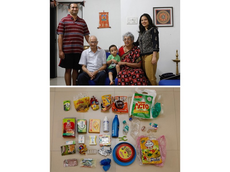 Zahnbürsten aus Bambus, Haarseife statt Shampoo aus der Plastikflasche, lokales Gemüse wird auf dem Markt gekauft anstatt im Supermarkt: Das ist das Credo von Tanmay Joshi (l), Ehefrau Mughda Joshi (r.), Sohn Kabir und den Großeltern Manohar Joshi und Vandana Joshi aus Mumbai in Indien. 