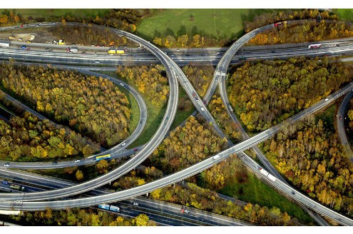 Duisburg-Kaiserberg: A3 und A40 im Spaghettiknoten am 14.11.2002. (Luftbild/Copyright: Hans Blossey)