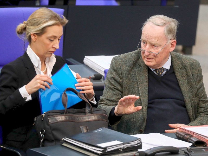 Eine Abtreibungsgegnerin, ein Ex-Stasi-Mitarbeiter und ein Richter: Wir zeigen eine Auswahl der AfD-Politiker, die in den Bundestag ziehen. Alexander Gauland (r.) gilt als wichtigster Strippenzieher der AfD. Der Vize-Parteichef war CDU-Mitglied und Staatssekretär in Hessen, später dann Herausgeber der „Märkischen Allgemeinen“ in Potsdam. Die AfD ist seine späte Rache dafür, dass sich in der CDU keine Mehrheit mehr für einen rechtskonservativen Kurs fand. Alice Weidel ist eine Seiteneinsteigerin. Die Ökonomin stieß 2013 aus Protest gegen die Eurorettungspolitik der Bundesregierung zur AfD. Die promovierte Ökonomin arbeitete für die bei der AfD verpönten Investmentbank Goldman-Sachs.