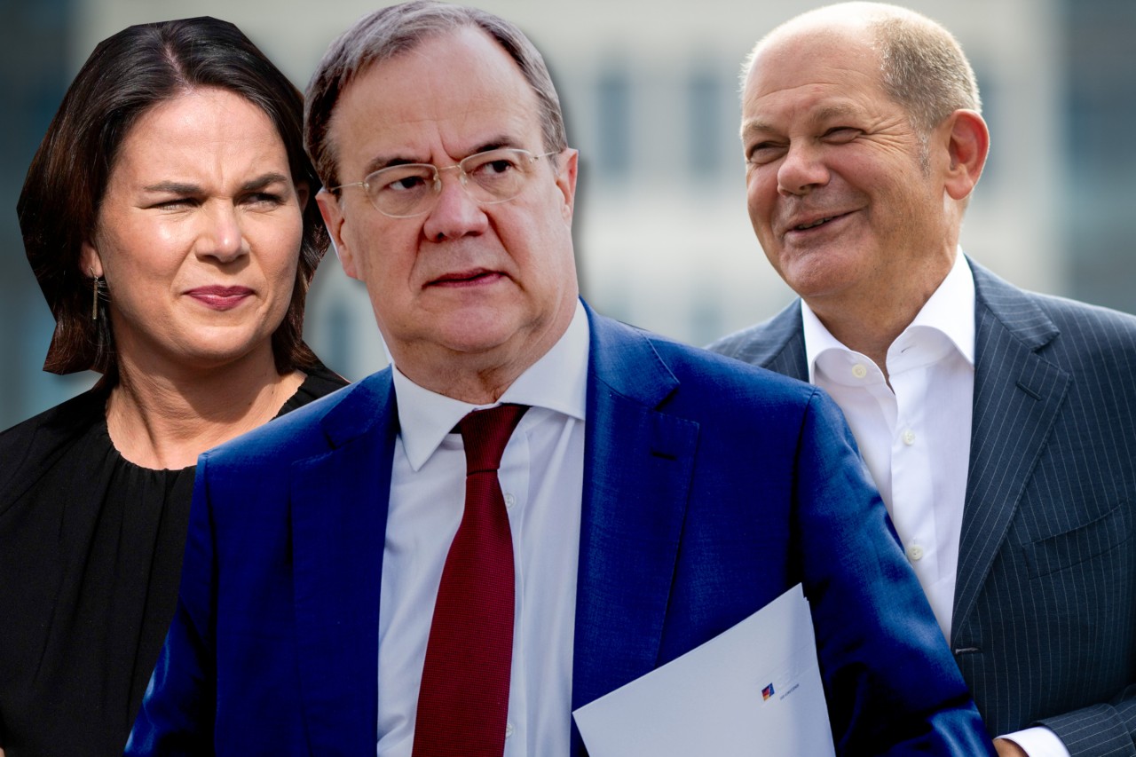 Wer schafft es ins Kanzleramt: Im Moment hat Olaf Scholz gut lachen, obwohl die Union von Armin Laschet in Umfragen noch immer knapp vorne liegt. Abgeschlagen auf Platz 3 aktuell: Annalena Baerbock von den Grünen. 