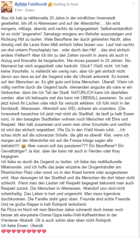 Achim Feldhordt hat seine Liebe zu seiner Stadt Essen bei Facebook geäußert.