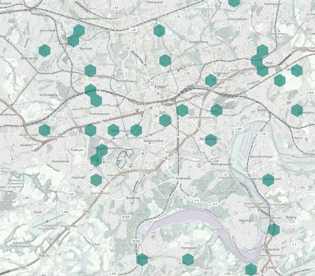 Screenshot der Essener Standorte von selbstgebauten Messstationen der Gruppe „Code for Ruhrgebiet“.