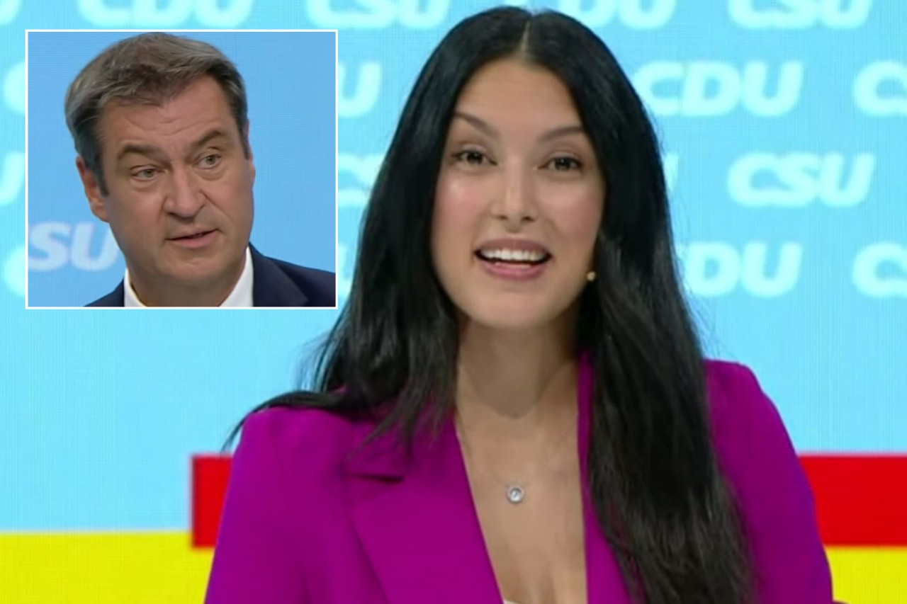 Rebecca Mir moderierte den Wahlkampfauftakt der Union. Markus Söder hielt auch eine Rede als CSU-Chef. 