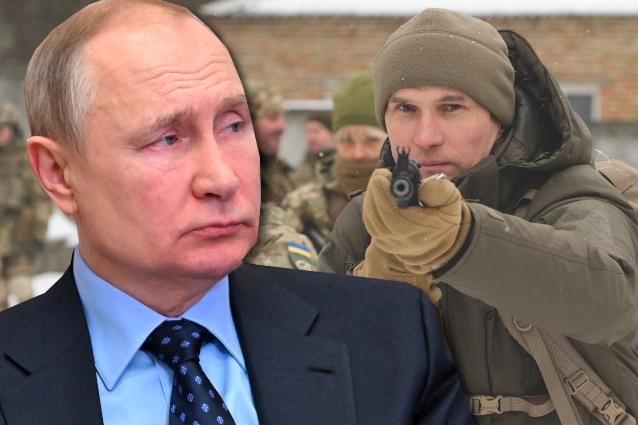 Wladimir Putin (links) und Juri Butusow, Mitglied der ukrainischen Territorialen Verteidigungskräfte, einer freiwilligen Militäreinheit.