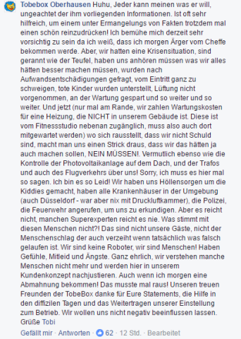 Diese Worte schreib Mitarbeiter Tobi Montagabend auf die Facebook-Seite der Tobe-Box.