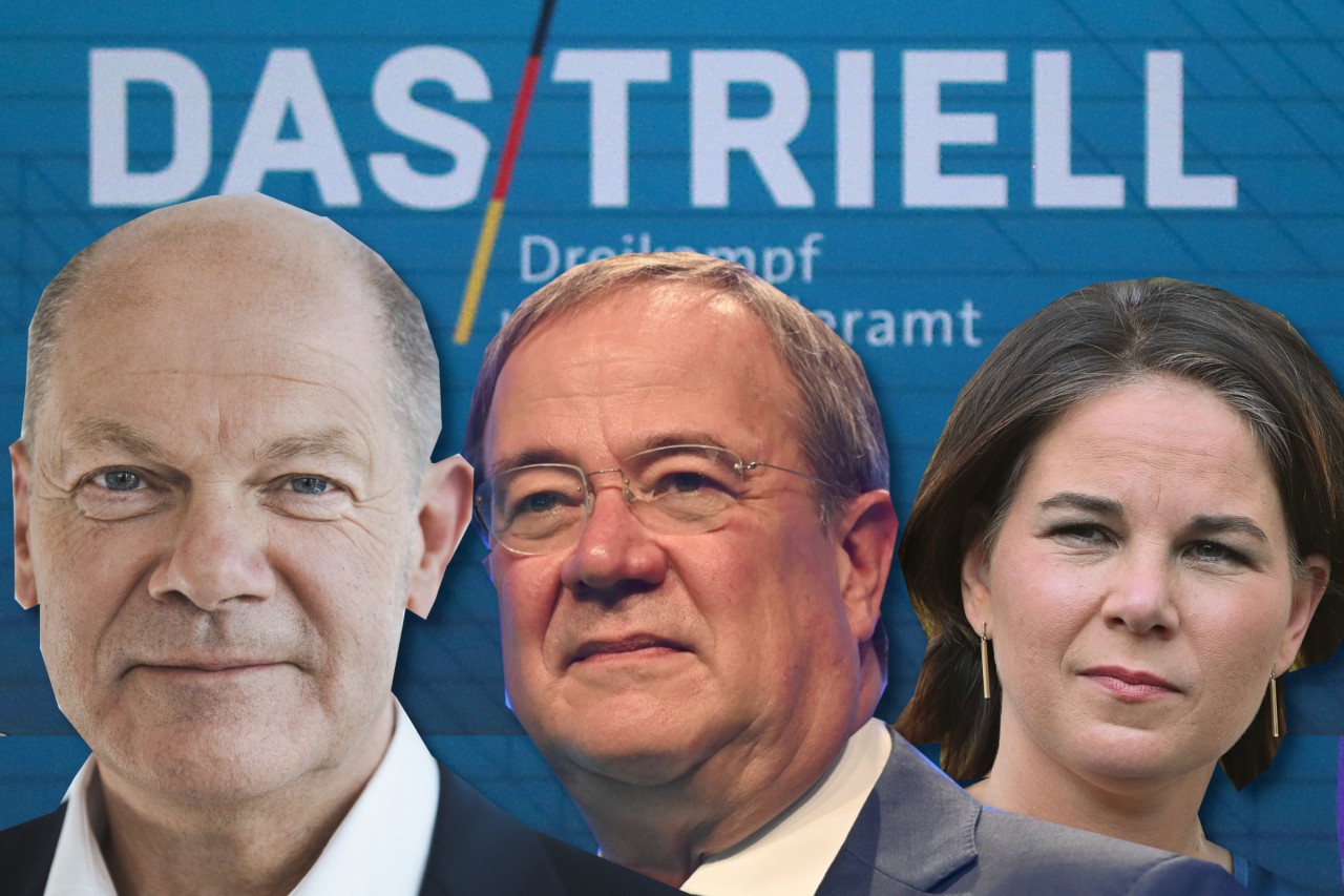 Triell auf ARD und ZDF mit Olaf Scholz, Armin Laschet und Annalena Baerbock.