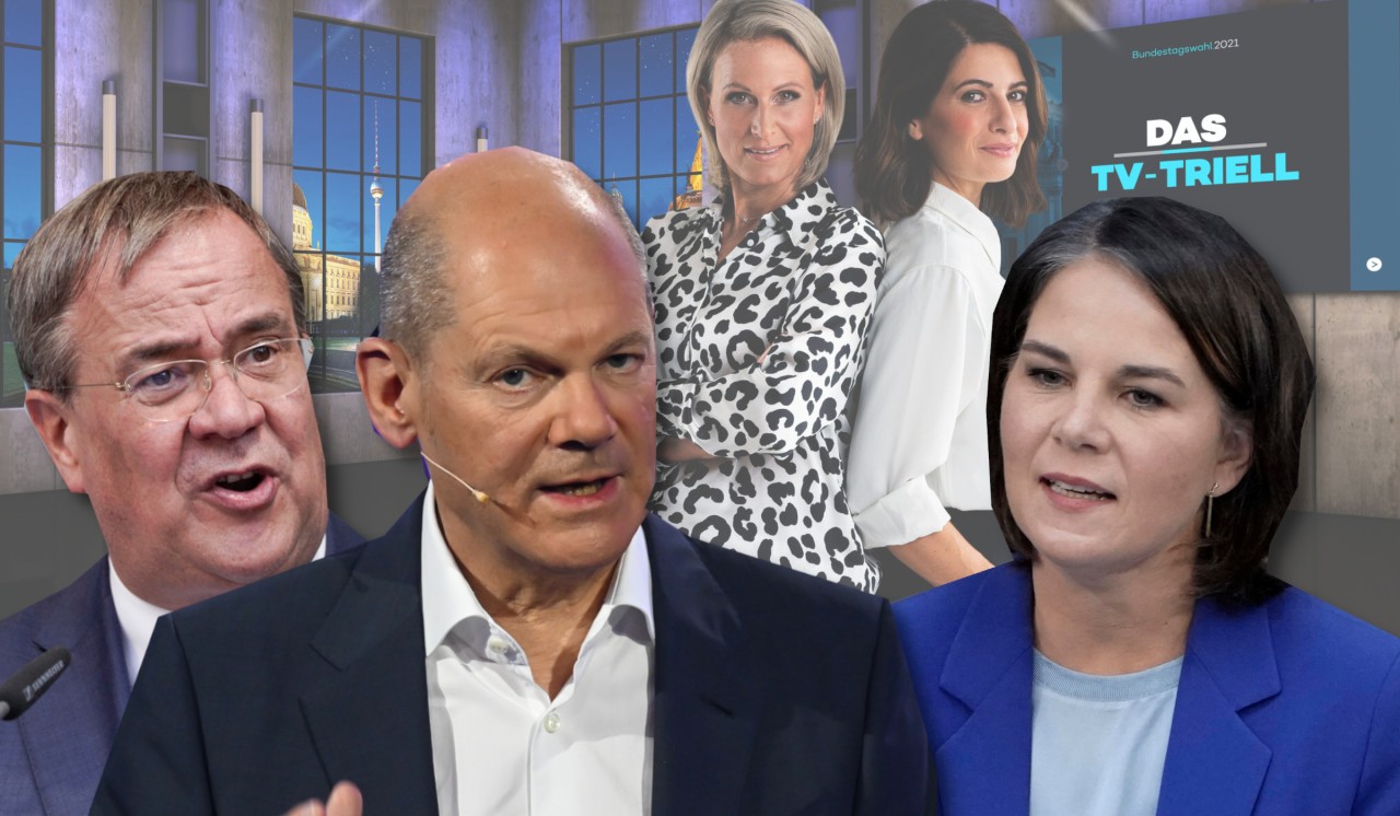 Das Triell bei Sat.1 und ProSieben mit Olaf Scholz, Armin Laschet und Annalena Baerbock, moderiert von Claudia von Brauchitsch und Linda Zervakis.