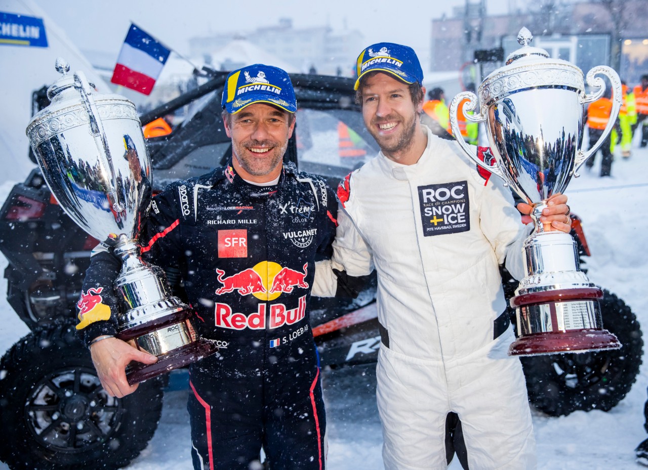 Vettel beim Race of Champions mit Sebastien Loeb.