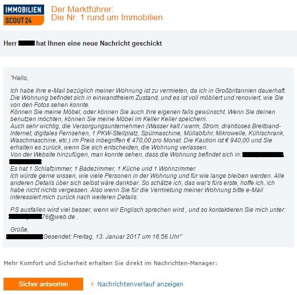 So sieht die Nachricht eines der Betrüger aus. Weil es Grund zu der Annahme gibt, dass die Identitäten von echten Vermietern gestohlen sind, ist der Name hier geschwärzt.
