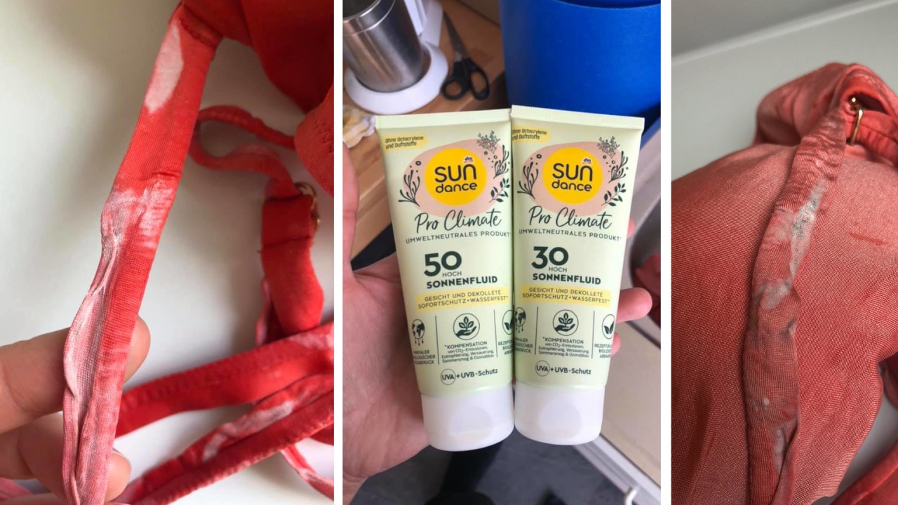 Die Sonnencreme von dm – und die Auswirkungen auf den Bikini der Kundin. 