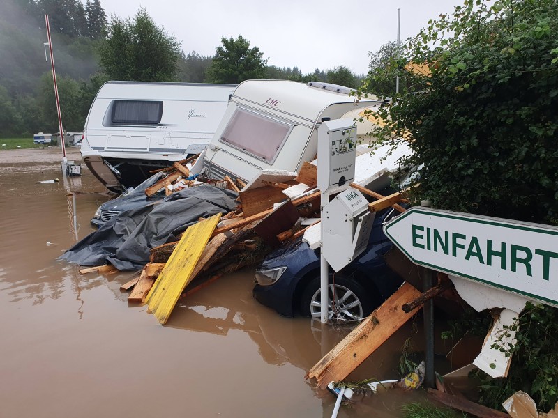 Hochwasser auf dem Campingplatz Waldcamping in Prüm mit schweren Schäden.