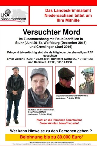 Das Erbe der RAF beschäftigt die Sicherheitsbehörden aber auch heute noch: nach den RAF-Terroristen Ernst-Volker Staub, Hubert Garweg und Daniela Klette wird nach wie vor gefahndet. Auf Hinweise, die zu ihrer Ergreifung führen, sind hohe Belohnungen ausgesetzt. Experten vermuten, dass sie sich ins Ausland abgesetzt haben und nur für ihre Überfällle nach Deutschland zurückkehren.