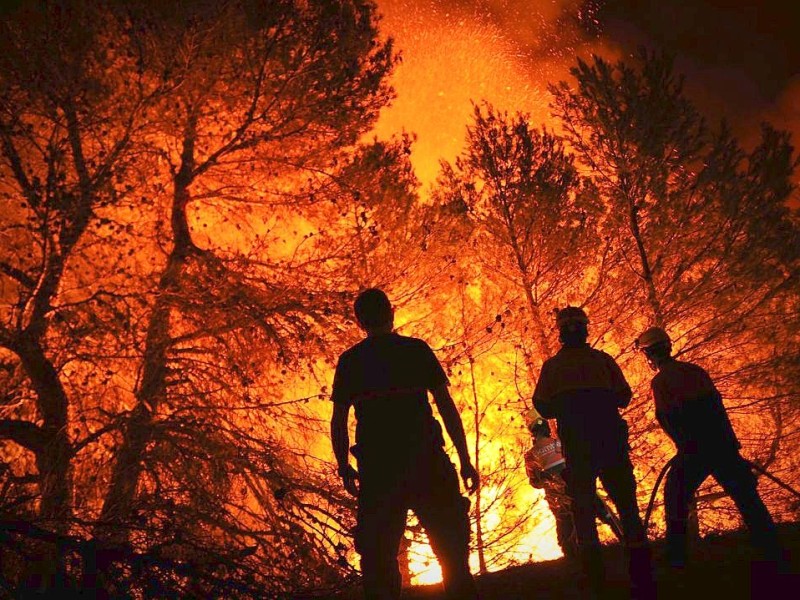 Feuerwehrleute kämpfen in in Torre de Macanes nahe Alicante gegen Waldbrände.