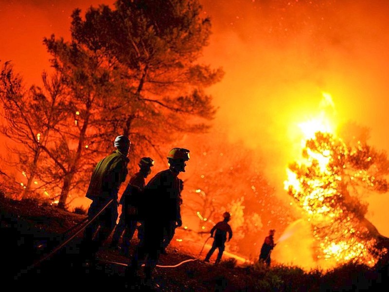 Feuerwehrleute kämpfen in in Torre de Macanes nahe Alicante gegen Waldbrände.