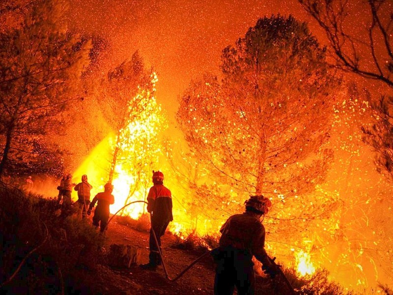 Feuerwehrleute kämpfen in in Torre de Macanes nahe Alicante gegen Waldbrände.
