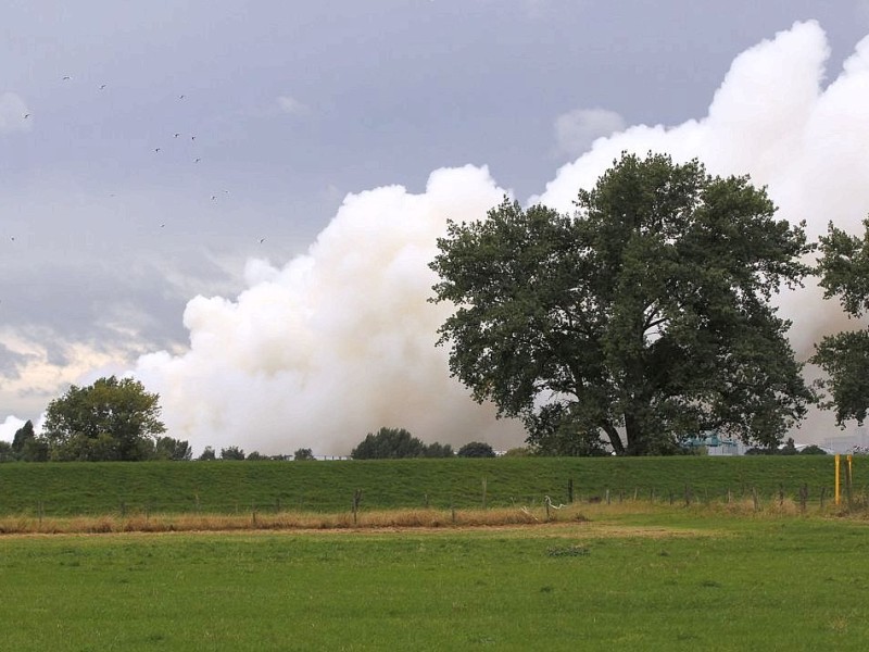 er Brand im Krefelder Hafen beunruhigt vor allem die Duisburger: Die Rauchwolke zog über den Stadtsüden hinweg, erst in östlicher Richtung nach Mülheim, später wieder zurück über den Rhein nach Moers. Foto: Reuters