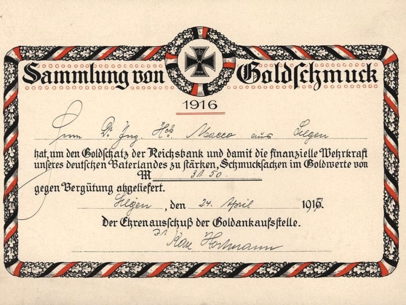 Gold gab ich für Eisen - Quittung der Goldsammlung  1916 für Dr. Heinrich Macco.