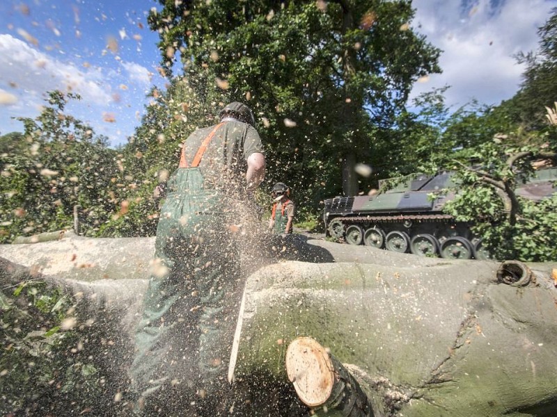 Bundeswehrpioniere helfen in Düsseldorf dabei, von Sturm Ela umgeworfene Bäume zu räumen.