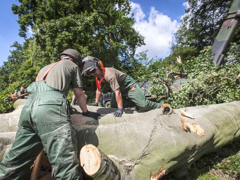 Bundeswehrpioniere helfen in Düsseldorf dabei, von Sturm Ela umgeworfene Bäume zu räumen.