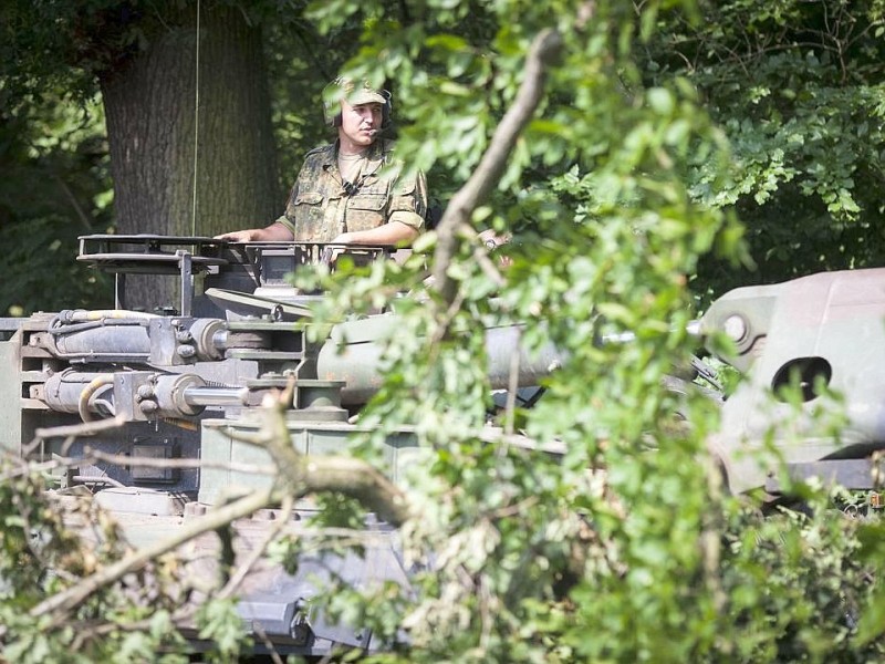 Bundeswehrpioniere helfen in Düsseldorf dabei, von Sturm Ela umgeworfene Bäume zu räumen.