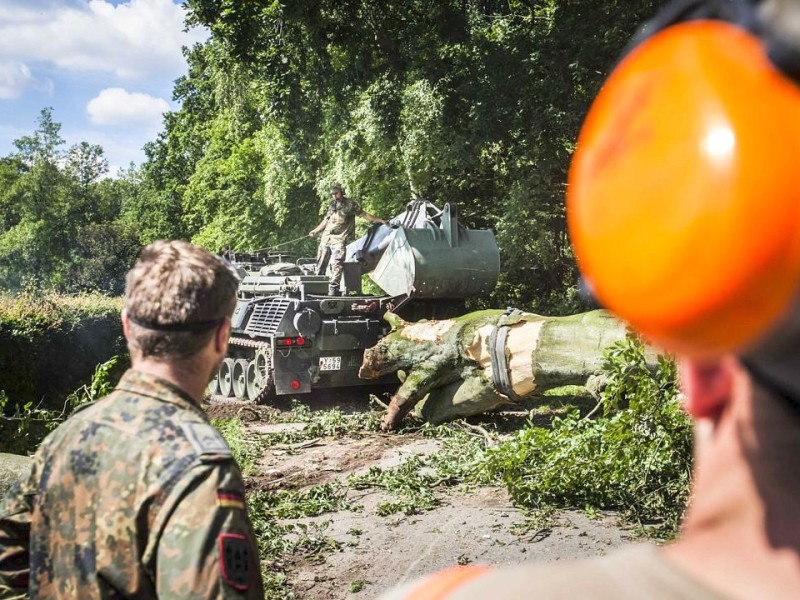 Bundeswehrpioniere helfen in Düsseldorf dabei, von Sturm Ela umgeworfene Bäume zu räumen.