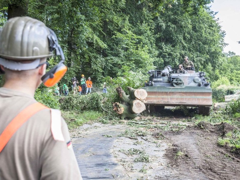 Bundeswehrpioniere helfen in Düsseldorf dabei, von Sturm Ela umgeworfene Bäume zu räumen.