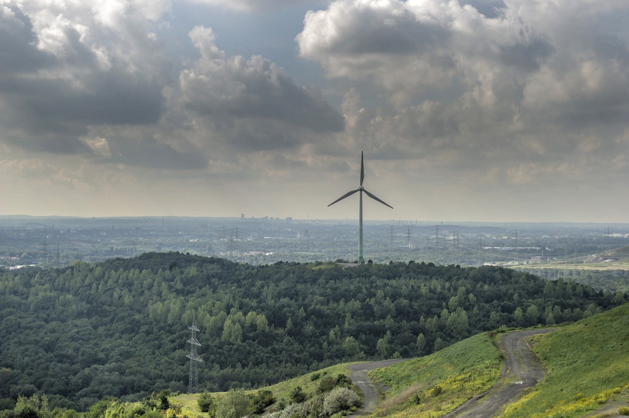 Grüne Halde Hoppenbruch mit ihrem prägnanten Windrad, beobachtet von der Nachbarshalde Hoheward, die nun ebenfalls einen Mountainbike-Trail erhält.