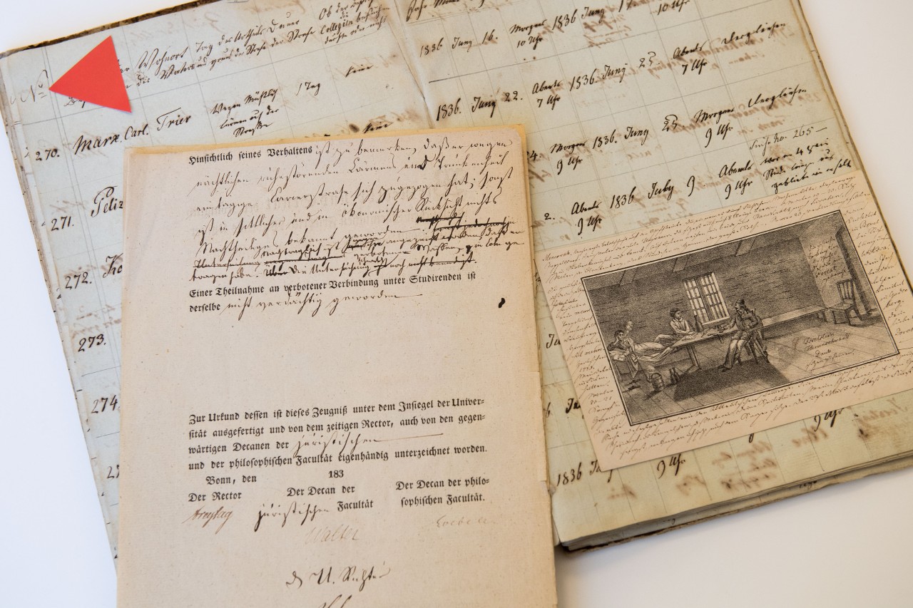 Das Abgangszeugnis von Karl Marx mit Bemerkungen zu seinem Verhalten und das Kazerbuch.