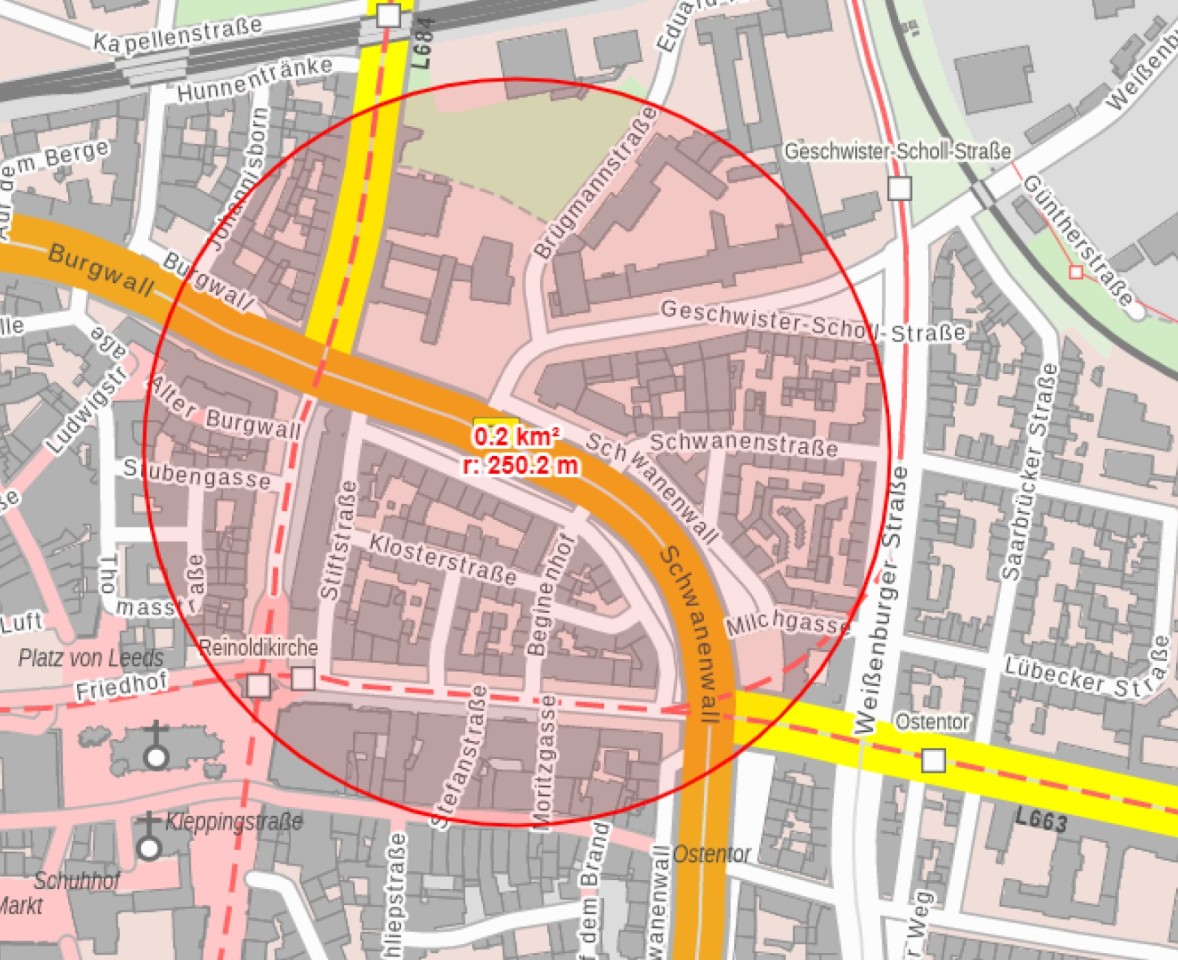 So soll der Radius mit Stand Mittwochabend in Dortmund bei der Entschärfung aussehen.