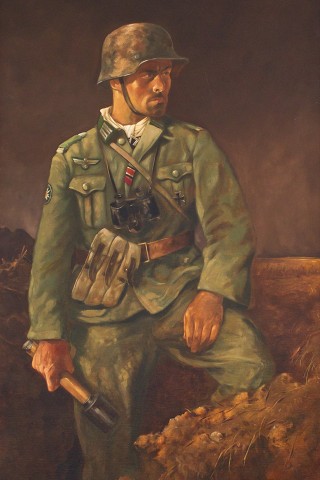 Sepp Happ - Über allem aber steht unsere Infanterie (linker Teil eines Triptychons), 1943. Öl auf Leinwand, ca. 200 x 100 cm.