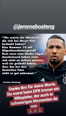 Auf Instragram dankt Mesut Özil seinem Kumpel Jerome Boateng für dessen Worte.