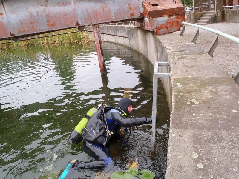 Im Gegensatz zum recht klaren Wasser im Bunker sieht der Taucher hier nur grün - aufgrund des Algenwuchses.