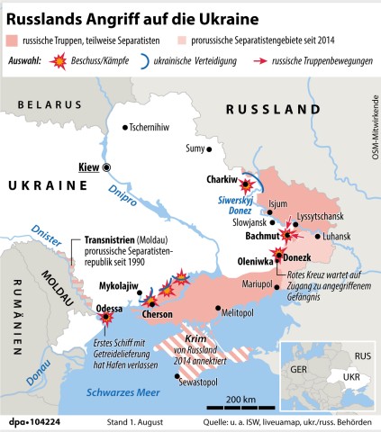 Russland hat weite Teile des Ostens der Ukraine besetzt. Der Großangriff startete am 24. Februar 2022. 