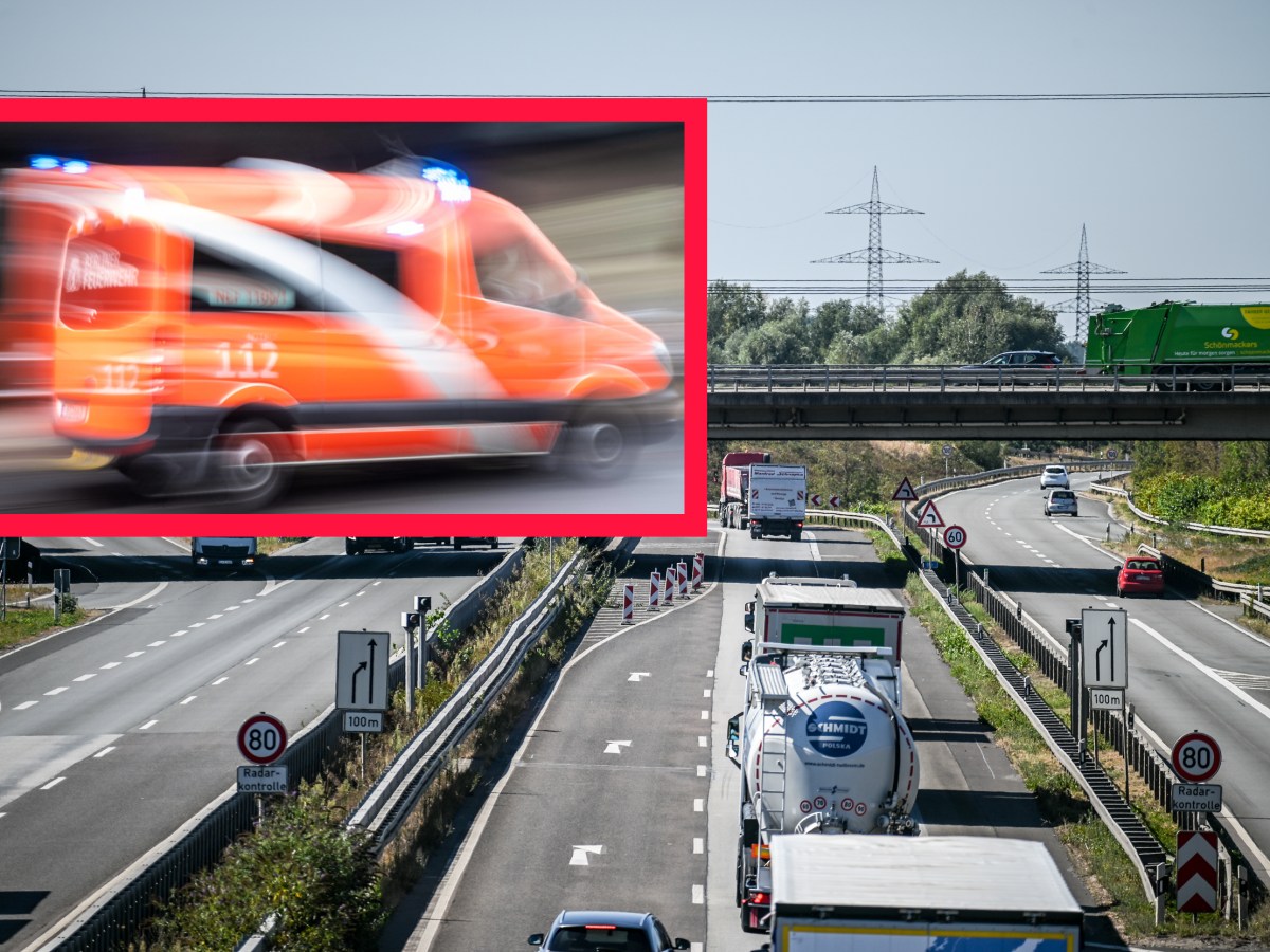 Collage aus dem Bild eines herbeirasenden orangenen Rettungswagends und einem Foto der A42.