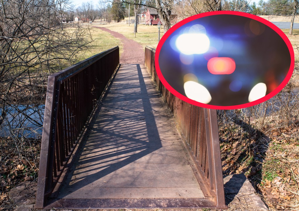 Collage: Eine Brücke führt in einen Park - die Lichter eines Polizeiautos leuchten im Dunkeln.