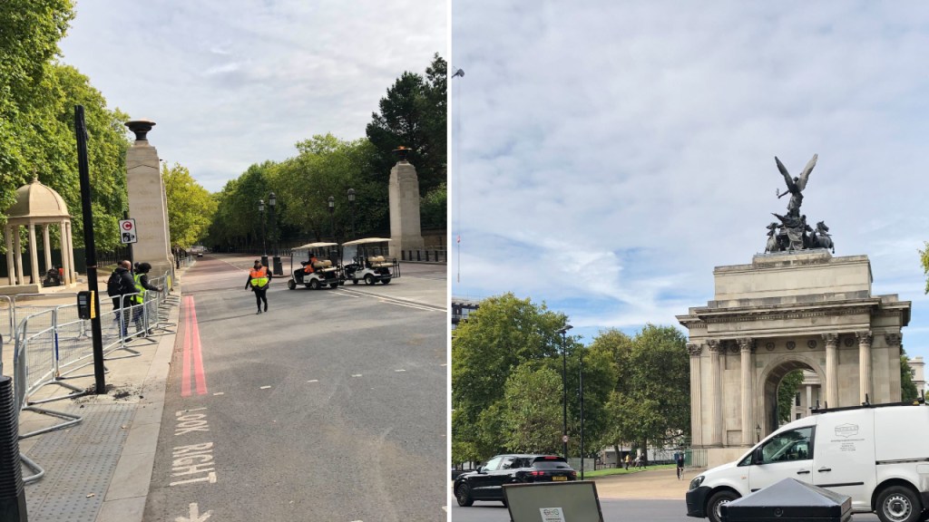 Der Weg zum Buckingham Palace (l.) bleibt versperrt. Der Verkehr um den Wellington Arch (r.) herum wurde unterdessen wieder aufgenommen.