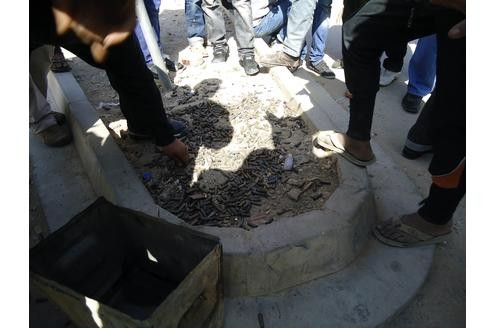 Die Protestierer sammeln sich um einen Haufen Patronenhülsen in Tobruk. Foto:rtr