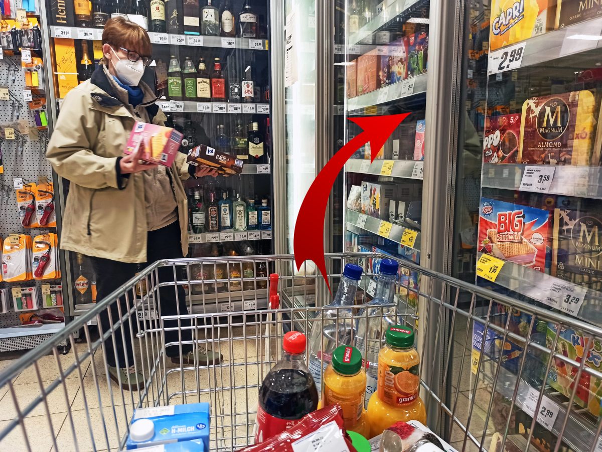 Aldi und Co: Kundin steht vor Eisschrank.