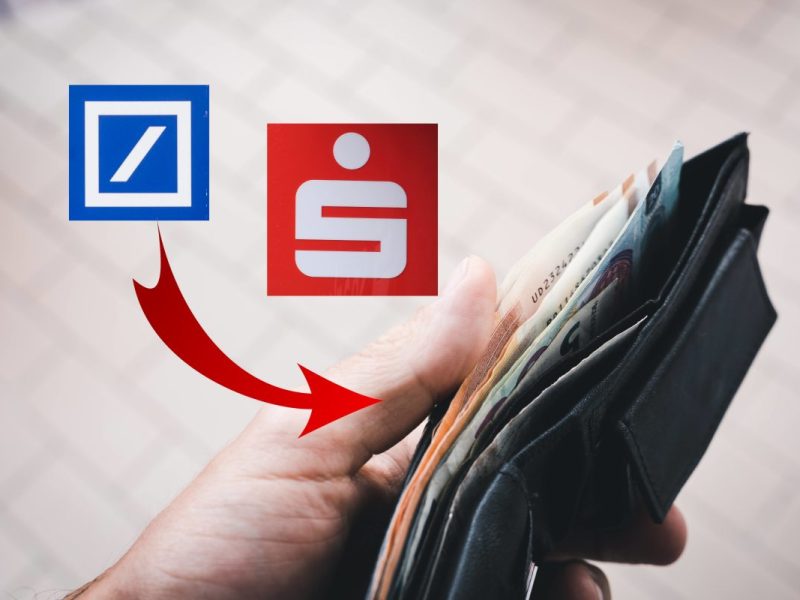Portemonnaie mit Bargeld und Logo von Sparkasse und Deutsche Bank