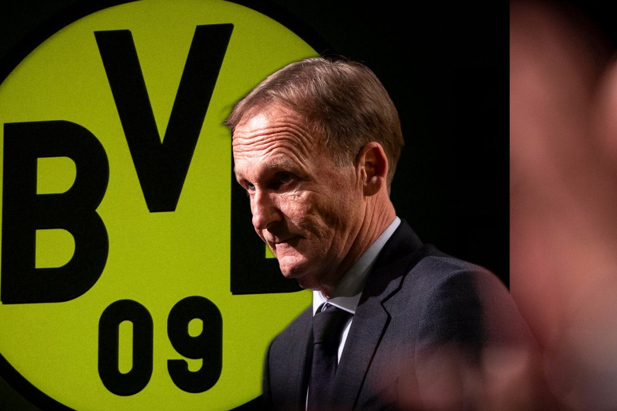 Hans-Joachim Watzke vor dem Wappen von Borussia Dortmund.