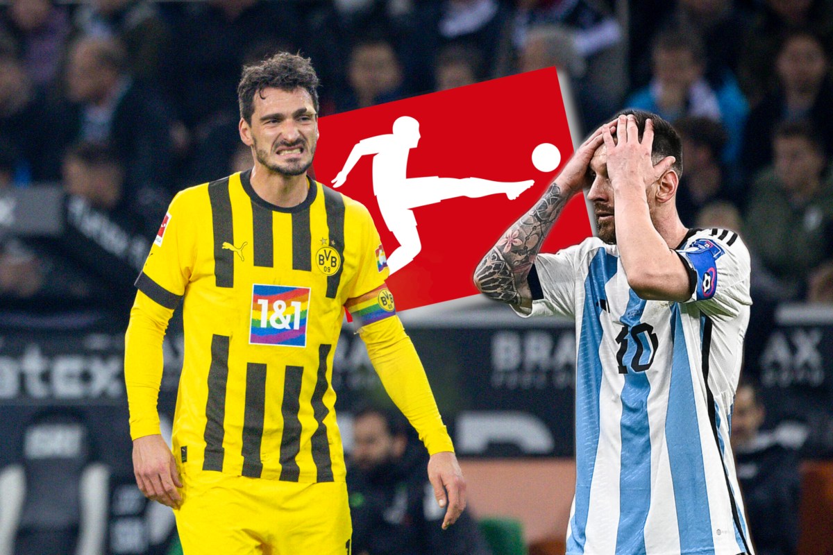 Mats Hummels und Lionel Messi schauen auf das Bundesliga-Logo.