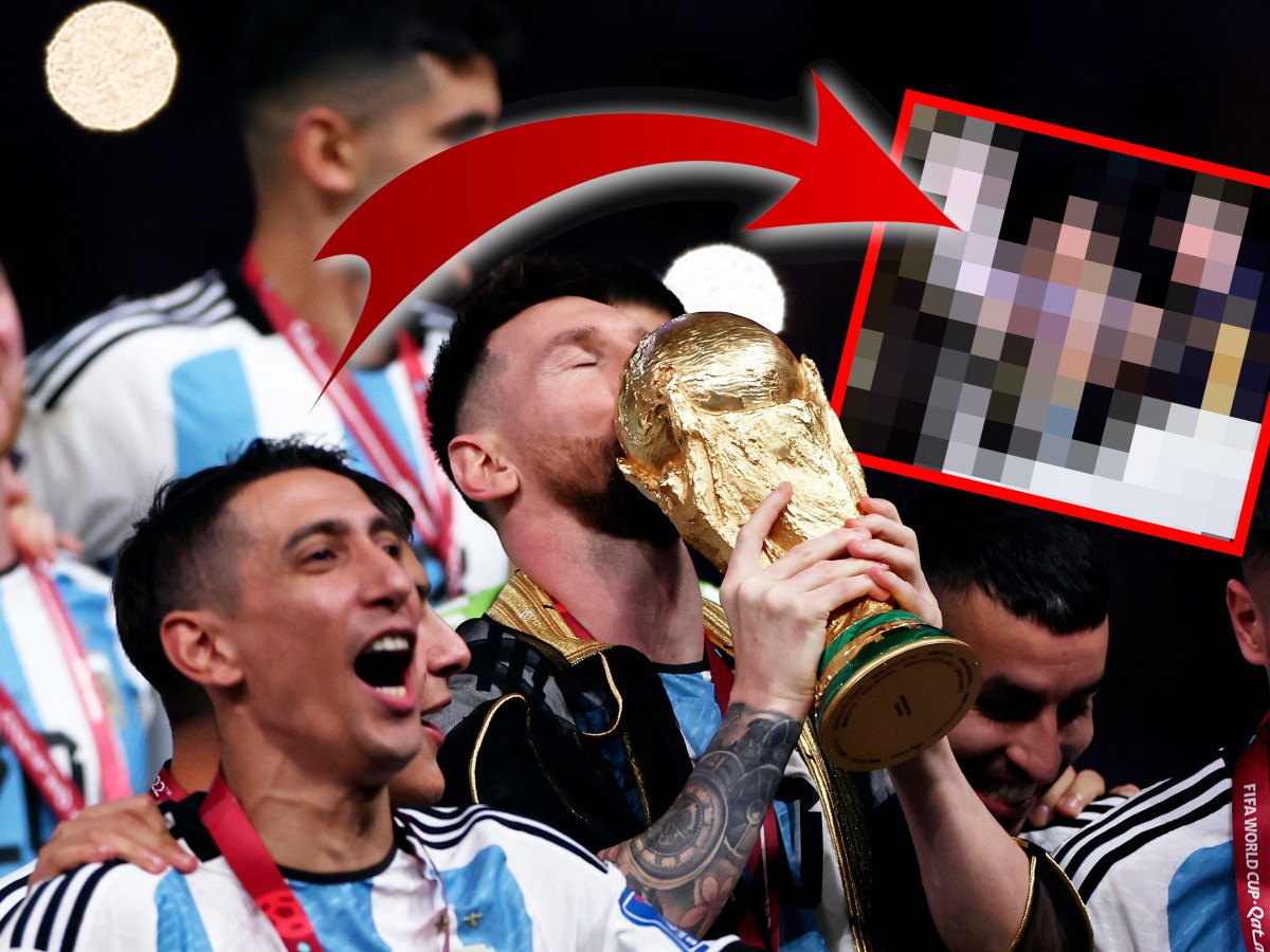 Lionel Messi küsst den WM-Pokal in einer Bischt.