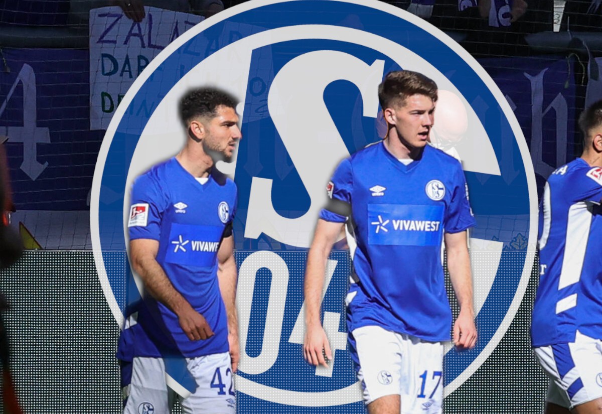 Kerim Calhanoglu und Florian Flick vor dem Logo des FC Schalke 04.