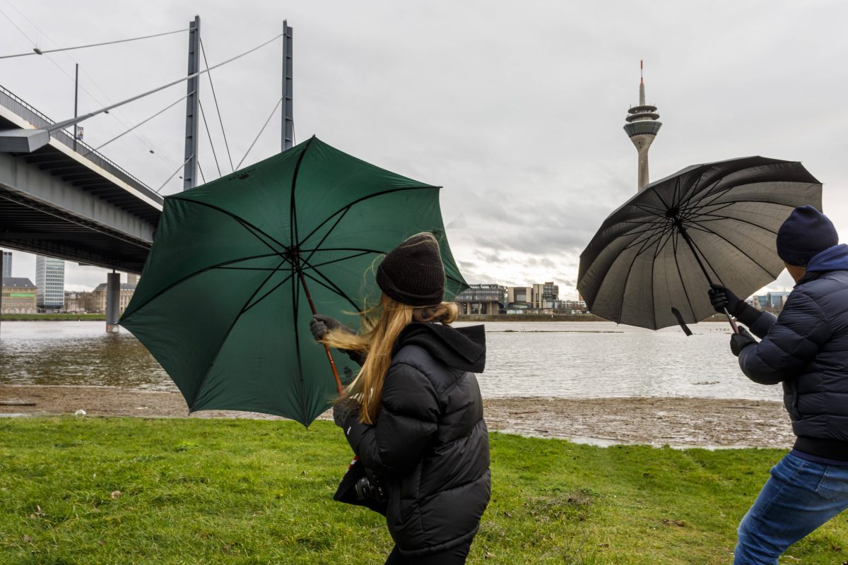 Wetter in NRW Sturmgefahr Frau und Mann mit Regenschirm am Rhein in DÃ¼sseldorf