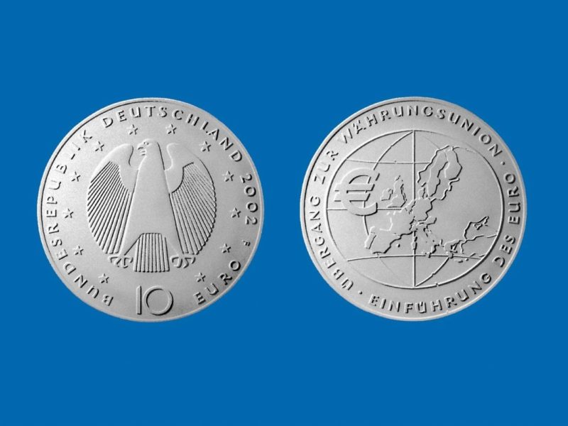 10-Euro-Münze aus Deutschland mit Vorder- und Rückseite.