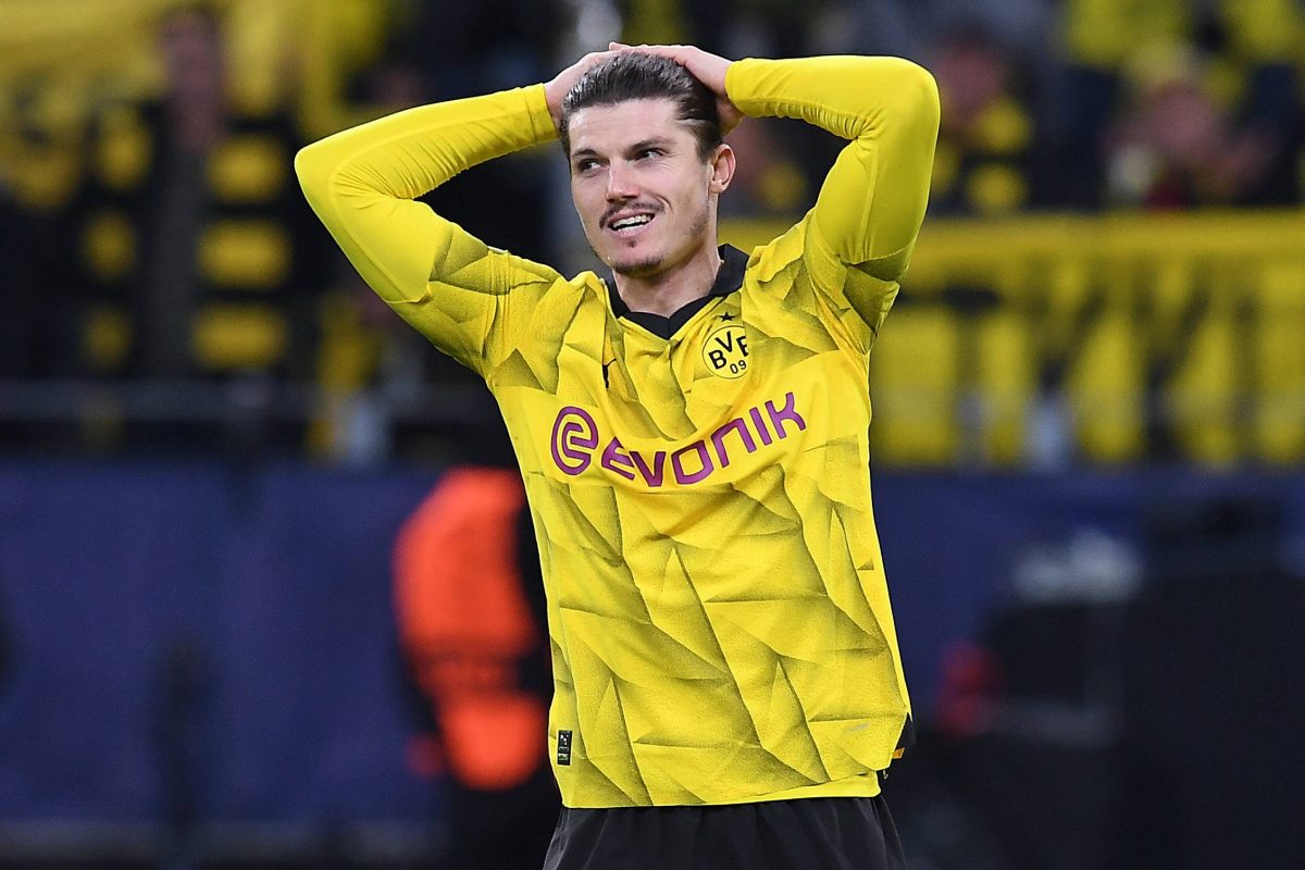 Borussia Dortmund: Marcel Sabitzer schlägt die Hände über dem Kopf zusammen.