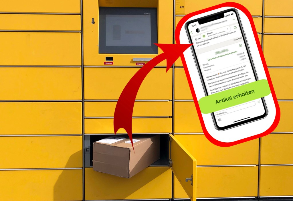 Ein Paket liegt abholbereit in einem offenen Fach einer Paketstation. Daneben ein Smartphone, dass auf der Kleinanzeigen-App die auffordert, den Erhalt des Artikels zu bestätigen.