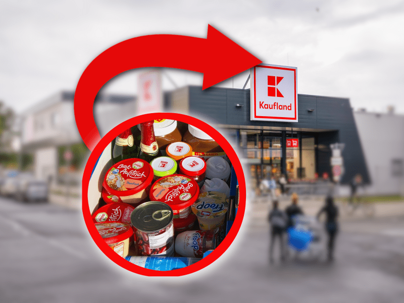 Lebensmittelprodukte vor Kaufland Supermarkt.